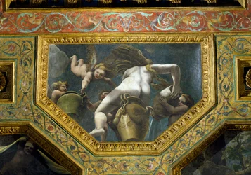 A nymph pouring water from an urn aided by putti, ceiling caisson from the Sala di Amore e Psiche